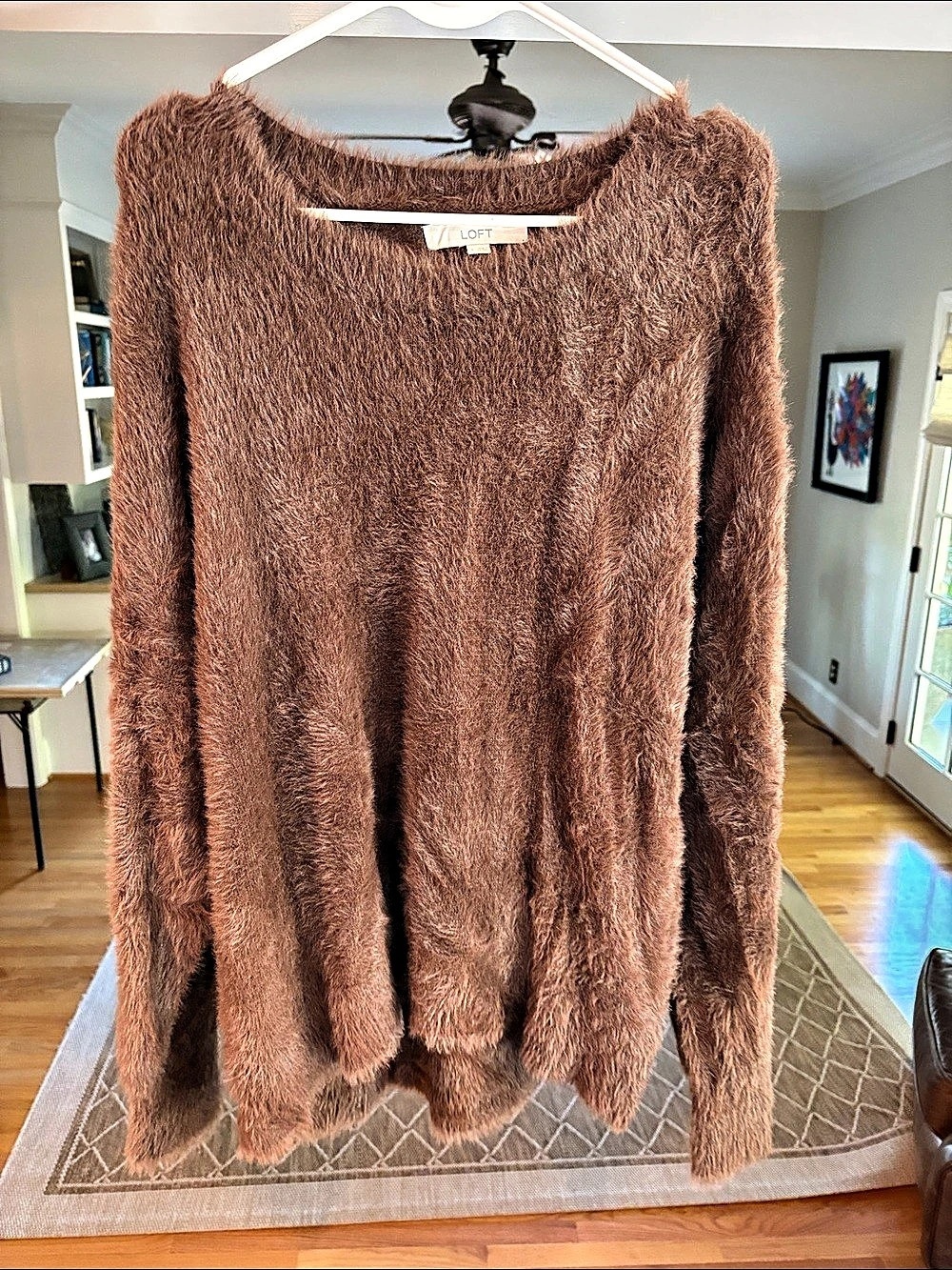 LOFT Fuzzy Crewneck Sweater in a deep Chocolate Brown